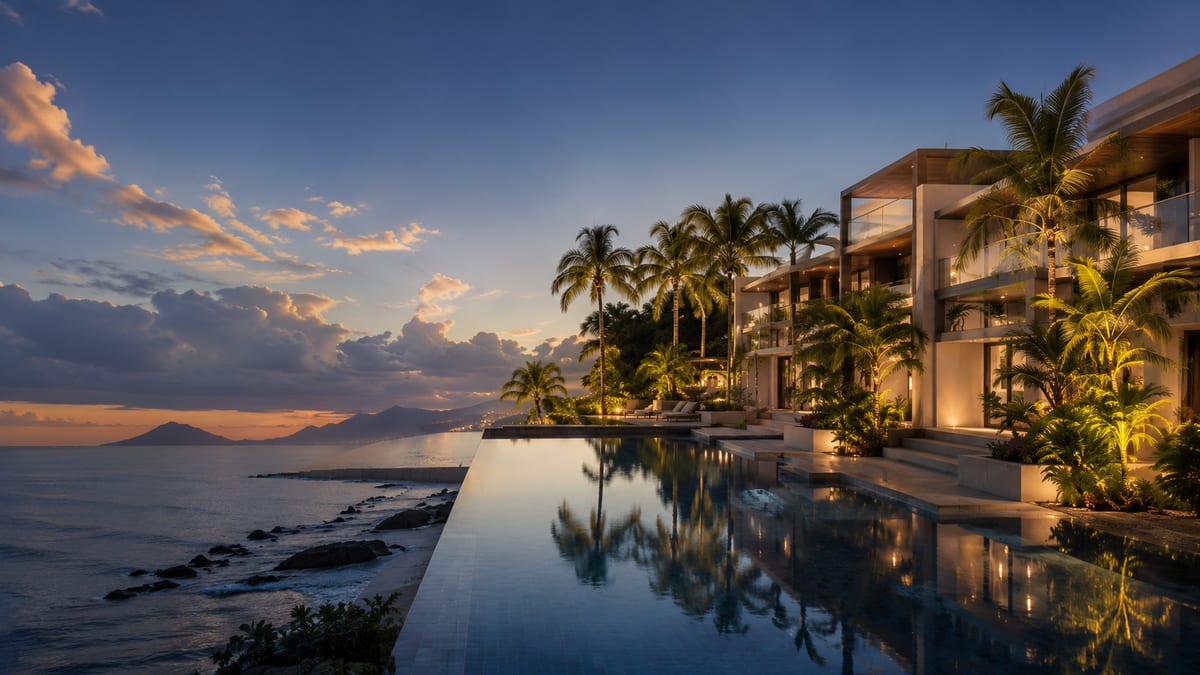 A coastal villa at dusk, lit against the sea